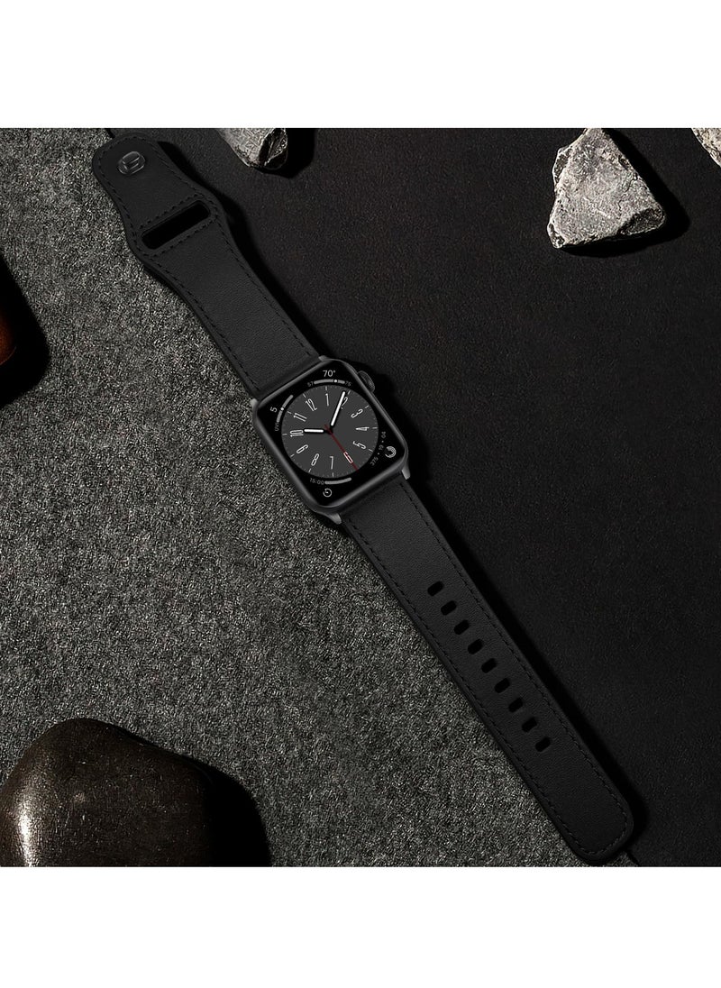 Generic - Genuine Leather Replacement Band for Apple Watch Ultra and Series 9/8/7/6, 49mm/45mm/44mm/42mm, Stylish Black Strap - Image 1