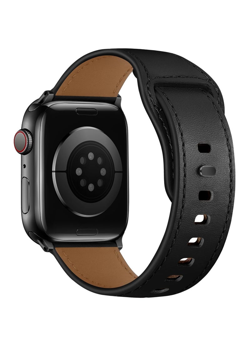 Generic - Genuine Leather Replacement Band for Apple Watch Ultra and Series 9/8/7/6, 49mm/45mm/44mm/42mm, Stylish Black Strap - Image 1