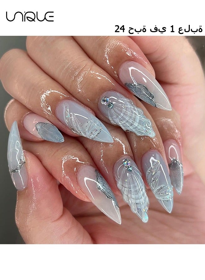 Unique 24Pcs Fake Nails, Press Nails, Mid-Almond Manicure - Gradient Blue Shiny Unique Nail Art - 3D Water Drop Shell Manicure - Fake Nail Patch - Image 1