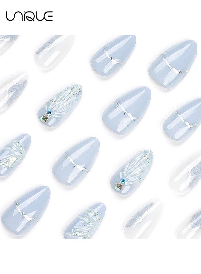 Unique 24Pcs Fake Nails, Press Nails, Mid-Almond Manicure - Gradient Blue Shiny Unique Nail Art - 3D Water Drop Shell Manicure - Fake Nail Patch - Image 2