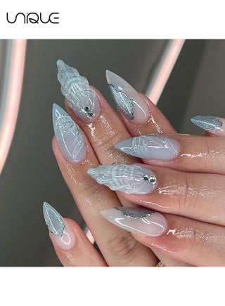 24Pcs Fake Nails, Press Nails, Mid-Almond Manicure - Gradient Blue Shiny Unique Nail Art - 3D Water Drop Shell Manicure - Fake Nail Patch - view 3