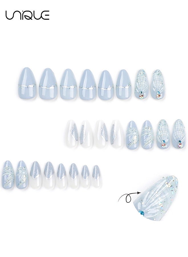 Unique 24Pcs Fake Nails, Press Nails, Mid-Almond Manicure - Gradient Blue Shiny Unique Nail Art - 3D Water Drop Shell Manicure - Fake Nail Patch - Image 4