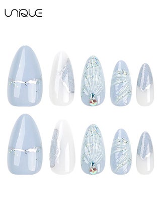 24Pcs Fake Nails, Press Nails, Mid-Almond Manicure - Gradient Blue Shiny Unique Nail Art - 3D Water Drop Shell Manicure - Fake Nail Patch - view 5