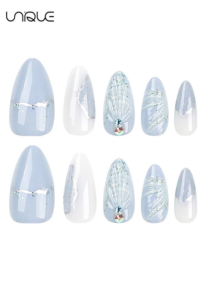 Unique 24Pcs Fake Nails, Press Nails, Mid-Almond Manicure - Gradient Blue Shiny Unique Nail Art - 3D Water Drop Shell Manicure - Fake Nail Patch - Image 5