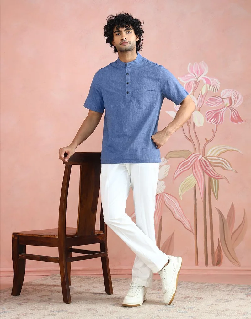 Fabindia  Blue Cotton Mid Placket Shirt for Men | Best Price UAE