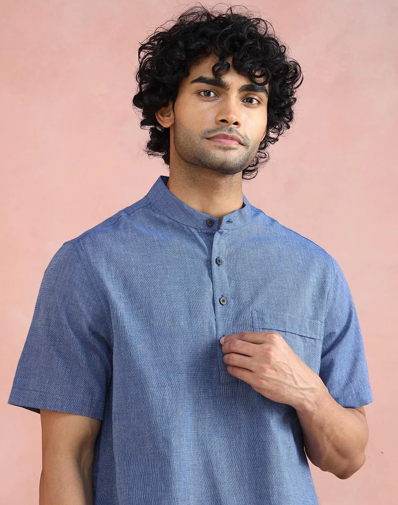 Fabindia  Blue Cotton Mid Placket Shirt for Men | Best Price UAE