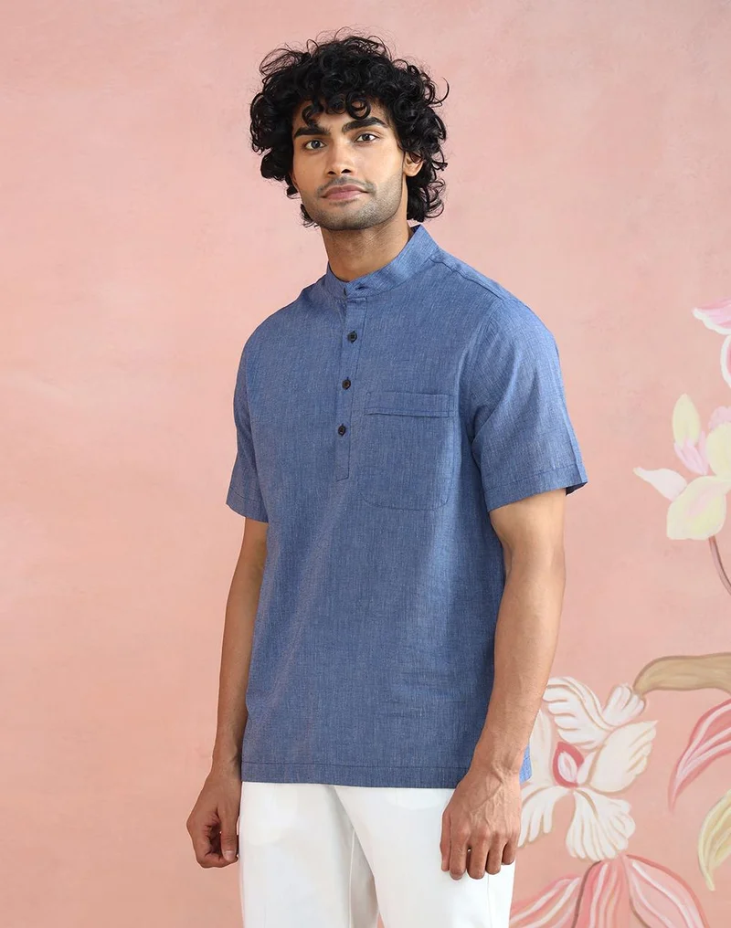 Fabindia  Blue Cotton Mid Placket Shirt for Men | Best Price UAE