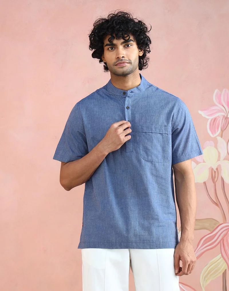 فاب انديا Blue Cotton Mid Placket Shirt