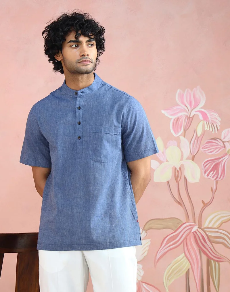 فاب انديا Blue Cotton Mid Placket Shirt