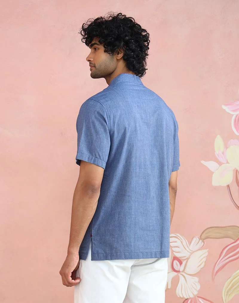 Fabindia  Blue Cotton Mid Placket Shirt for Men | Best Price UAE