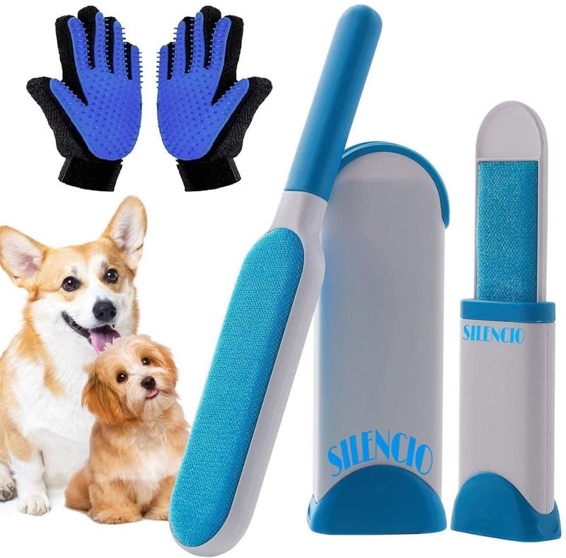 SILENCIO Pet and Cat Hair Removal Brush with Self-Cleaning Base & Grooming Glove Brush, Resuable Double Sided Absorb Efficient Animal Fur Removal Set for Clothing, Furniture, Couch, Carpet, Car Seat - Image 1