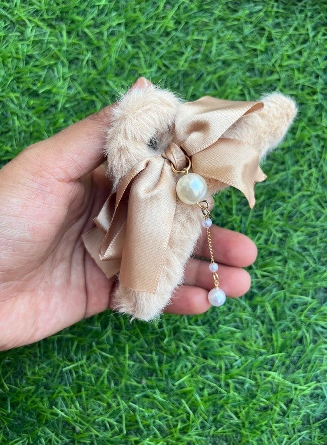 Radhya Accessories Satin Bow Furr Hair Claw for Women Furr Clutcher with Pearl tassels for girls Korean hair accessories Furr Hair clip (1 pc) - Image 4