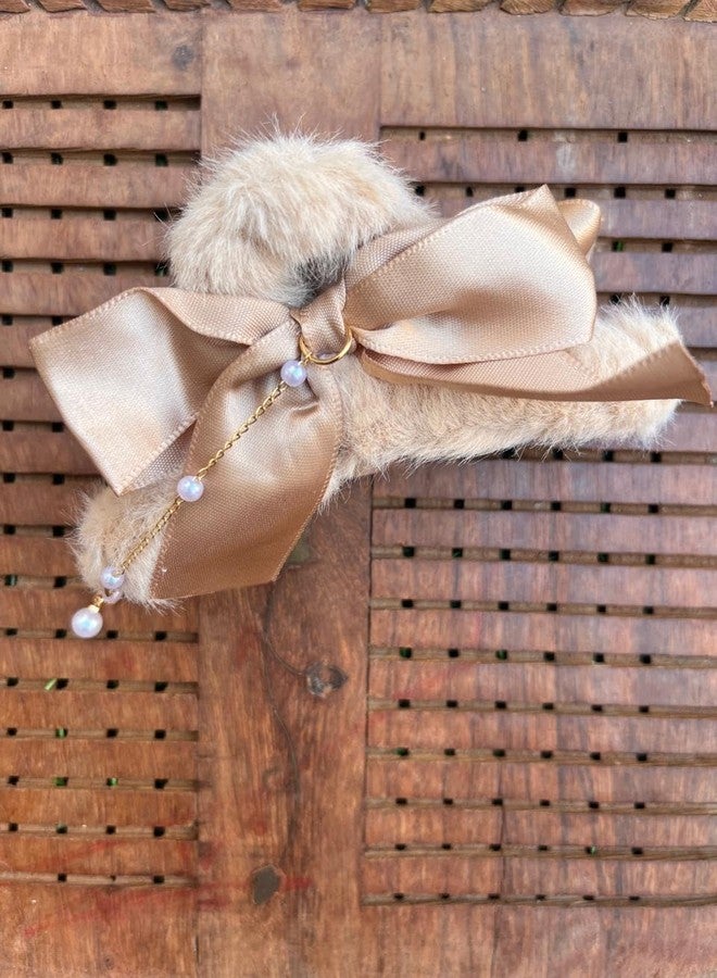 Radhya Accessories Satin Bow Furr Hair Claw for Women Furr Clutcher with Pearl tassels for girls Korean hair accessories Furr Hair clip (1 pc) - Image 5