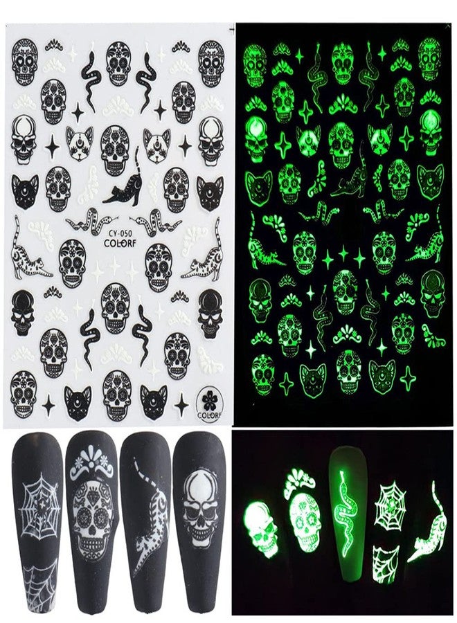 Macute Luminous Nail Stickers - 3D Halloween Nail Art Designs - Skull, Ghost, Pumpkin, Spider, Bat Decals - Self-Adhesive, 6 Sheets - Image 3