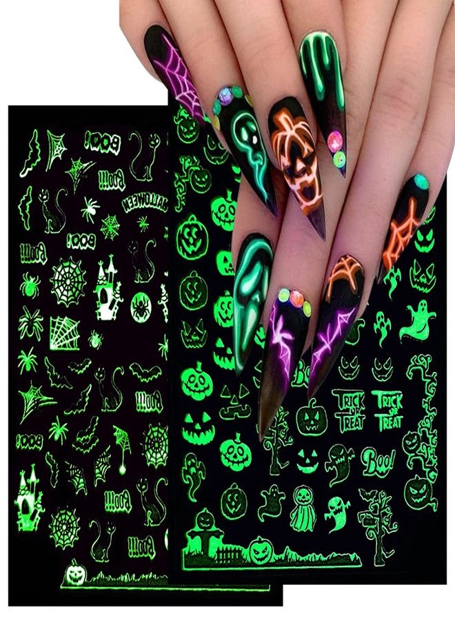 Macute Luminous Nail Stickers - 3D Halloween Nail Art Designs - Skull, Ghost, Pumpkin, Spider, Bat Decals - Self-Adhesive, 6 Sheets - Image 1