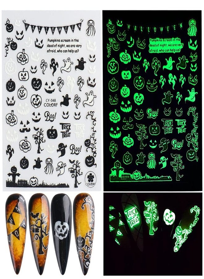 Macute Luminous Nail Stickers - 3D Halloween Nail Art Designs - Skull, Ghost, Pumpkin, Spider, Bat Decals - Self-Adhesive, 6 Sheets - Image 2
