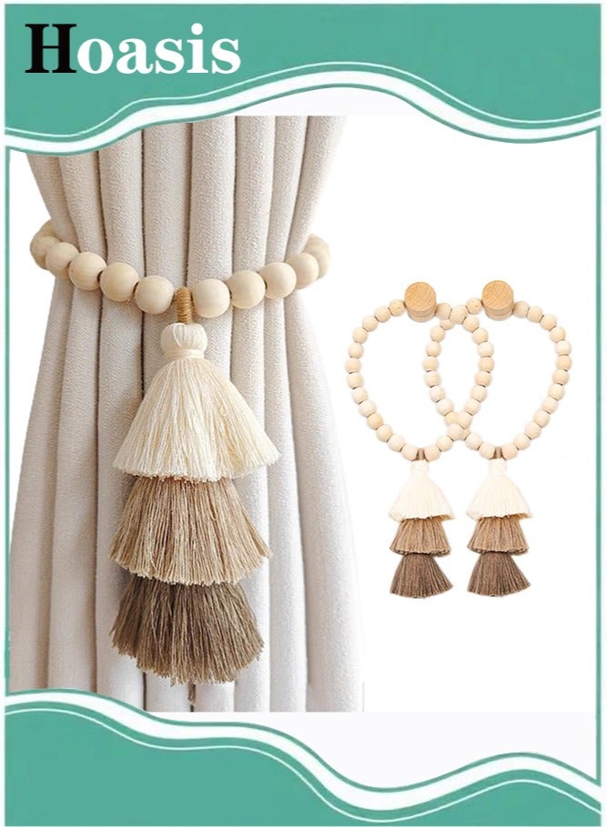 Hoasis 2 PCS Handmade Wooden Bead Magnetic Curtain Tiebacks ,Simple Elegant Tassel Curtain Holdbacks Accessories, Wall Decoration Curtain Holders ,for Bedroom Window Treatment  - Image 1