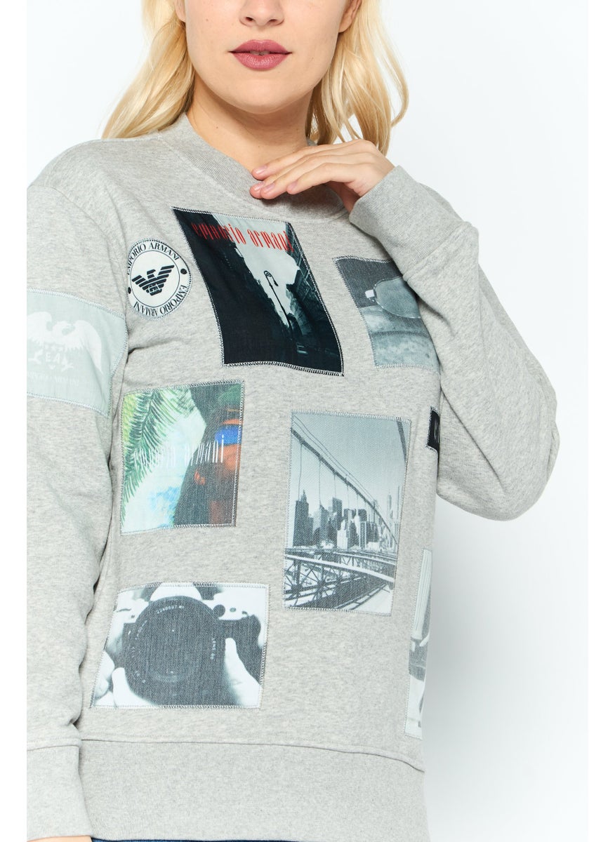 EMPORIO ARMANI - Women Crew Neck Graphic Long Sleeve Sweatshirt, Grey - Image 1