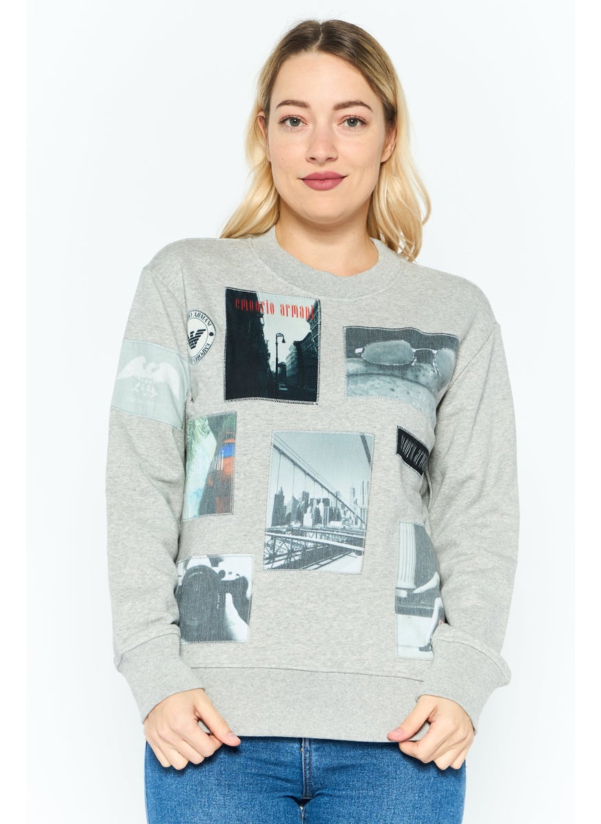 EMPORIO ARMANI - Women Crew Neck Graphic Long Sleeve Sweatshirt, Grey - Image 1