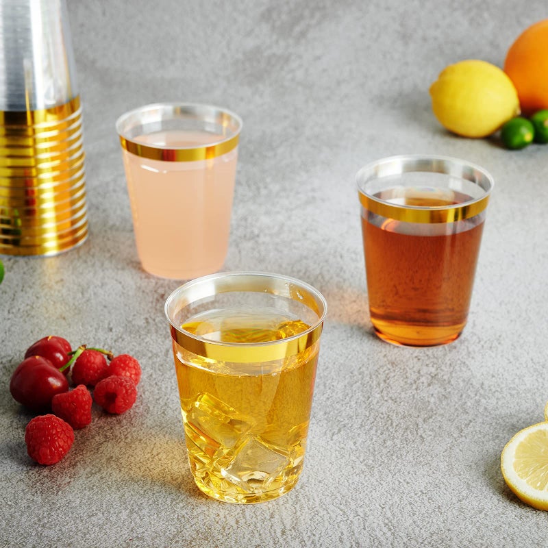 FOCUSLINE 10 oz Gold Plastic Cups  Disposable Clear Fancy Hard Plastic Cups  Gold Rimmed  Heavy Duty  Reusable 100 Count - Image 5
