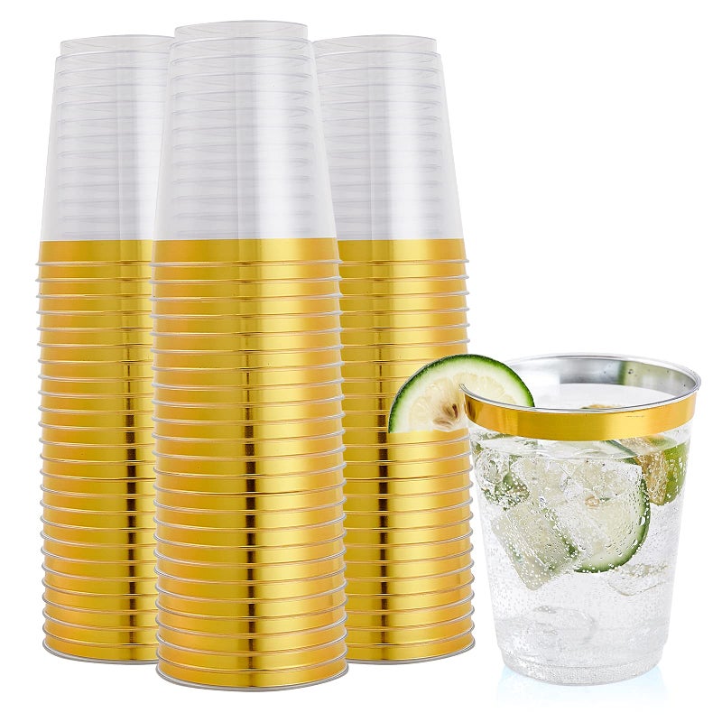 FOCUSLINE 10 oz Gold Plastic Cups  Disposable Clear Fancy Hard Plastic Cups  Gold Rimmed  Heavy Duty  Reusable 100 Count - Image 1
