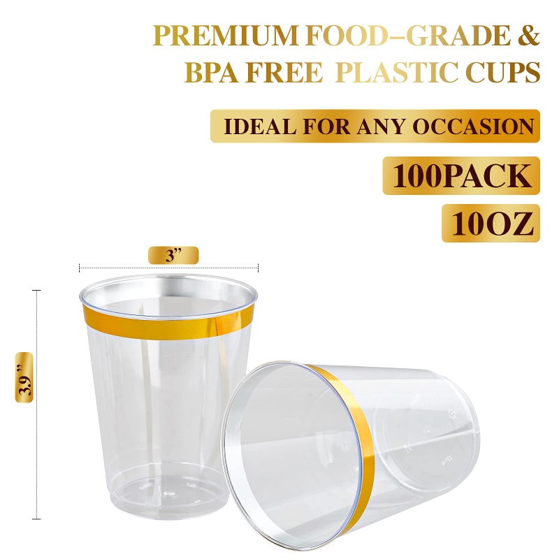 FOCUSLINE 10 oz Gold Plastic Cups  Disposable Clear Fancy Hard Plastic Cups  Gold Rimmed  Heavy Duty  Reusable 100 Count - Image 2