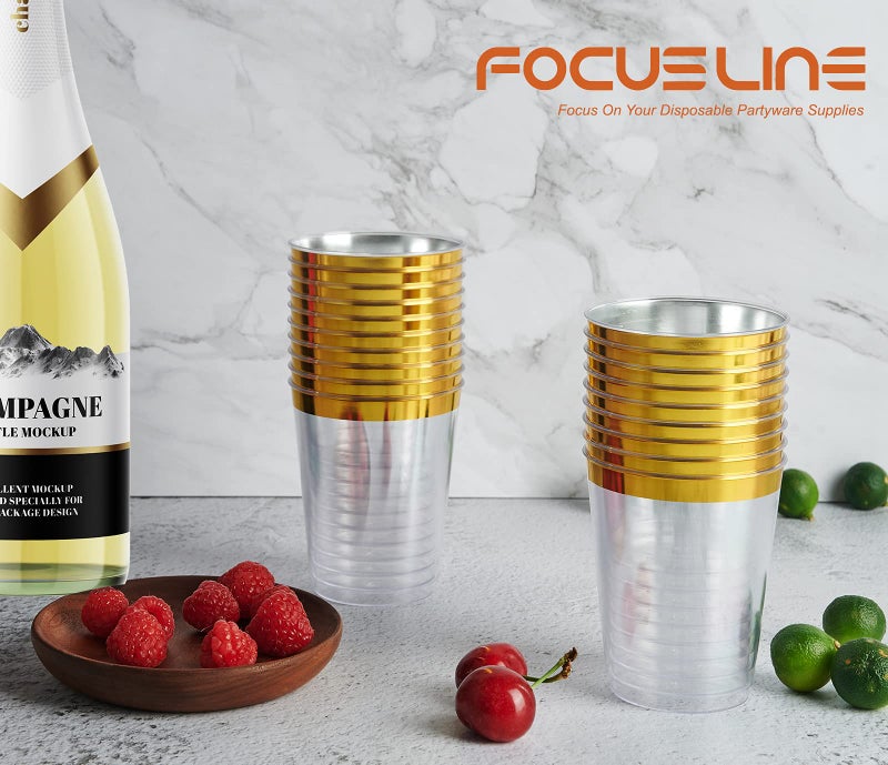 FOCUSLINE 10 oz Gold Plastic Cups  Disposable Clear Fancy Hard Plastic Cups  Gold Rimmed  Heavy Duty  Reusable 100 Count - Image 3