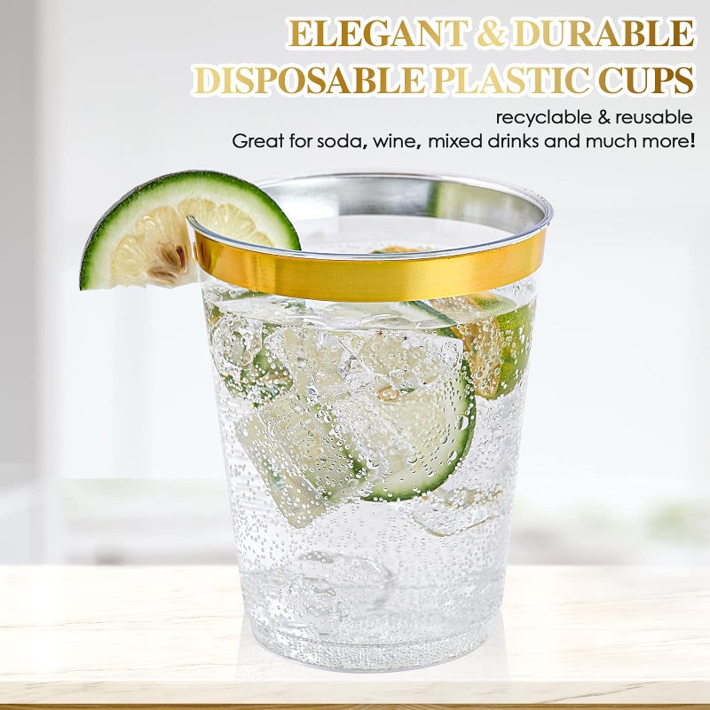 FOCUSLINE 10 oz Gold Plastic Cups  Disposable Clear Fancy Hard Plastic Cups  Gold Rimmed  Heavy Duty  Reusable 100 Count - Image 4