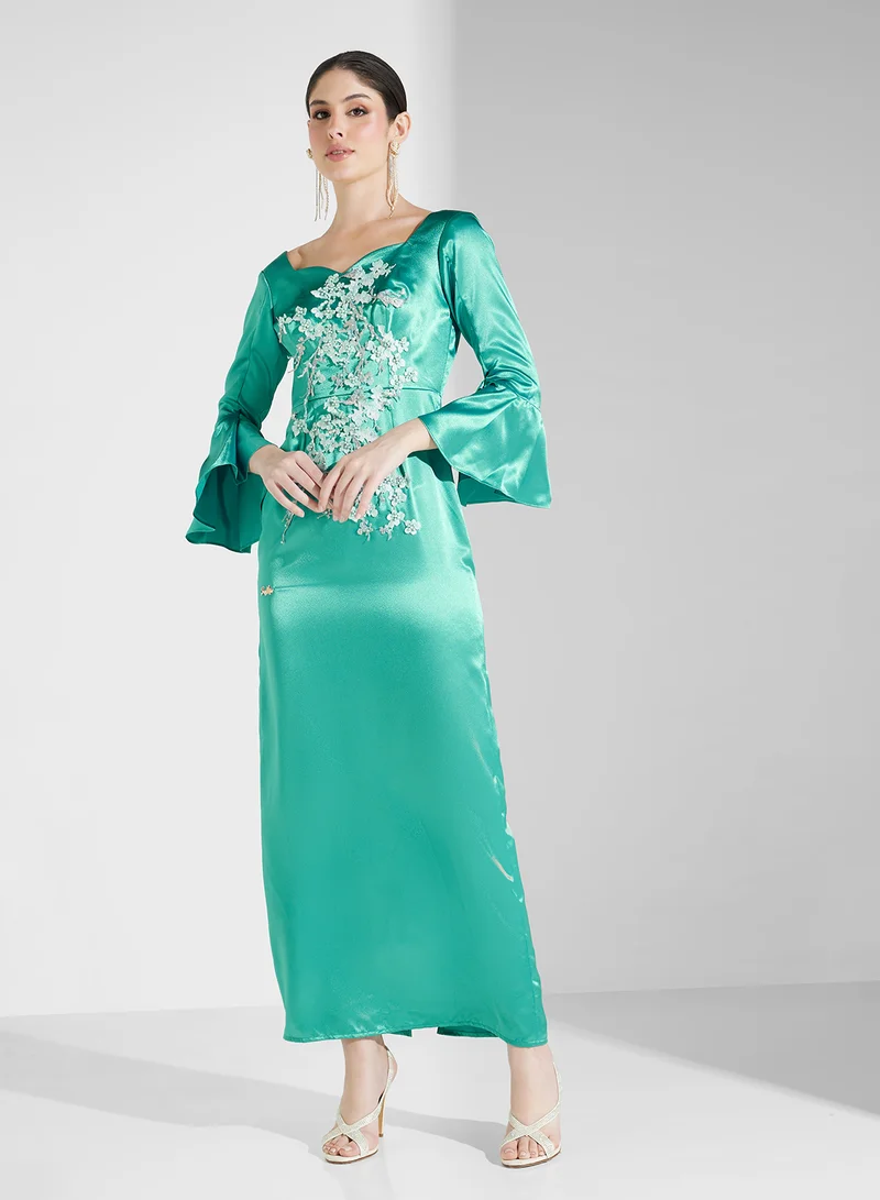 Fashion Trends by Suzy Matar Floral Satin Gown