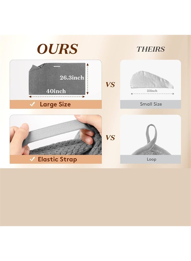 هومستر منشفة شعر ميكروفايبر للنساء، منشفة تجفيف شعر مضادة للتكثف مع حزام مطاطي، توربان سريع التجفيف للشعر الرطب الطويل والكثيف والمموج، منشفة شعر فائقة النعومة، لون رمادي داكن - Image 2