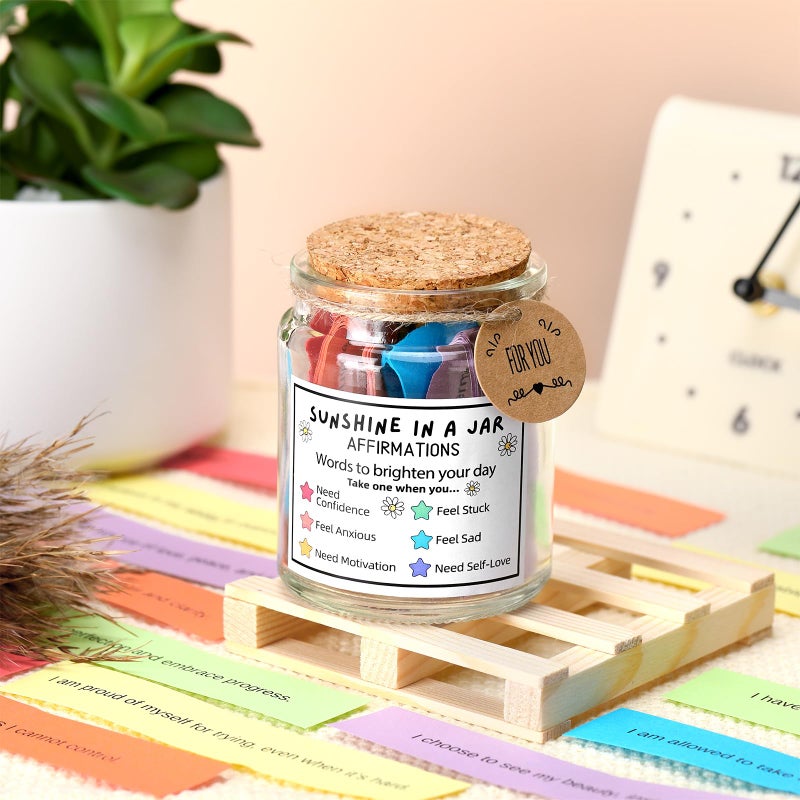 Lunmon Sunshine in Glass Jar Positive Affirmations Jar for Sending You Sunshine Daily Uplifting Affirmations for Self Care and Positive Vibes Easter Christian Gift for Friends Women Motivated Quotes - Image 4