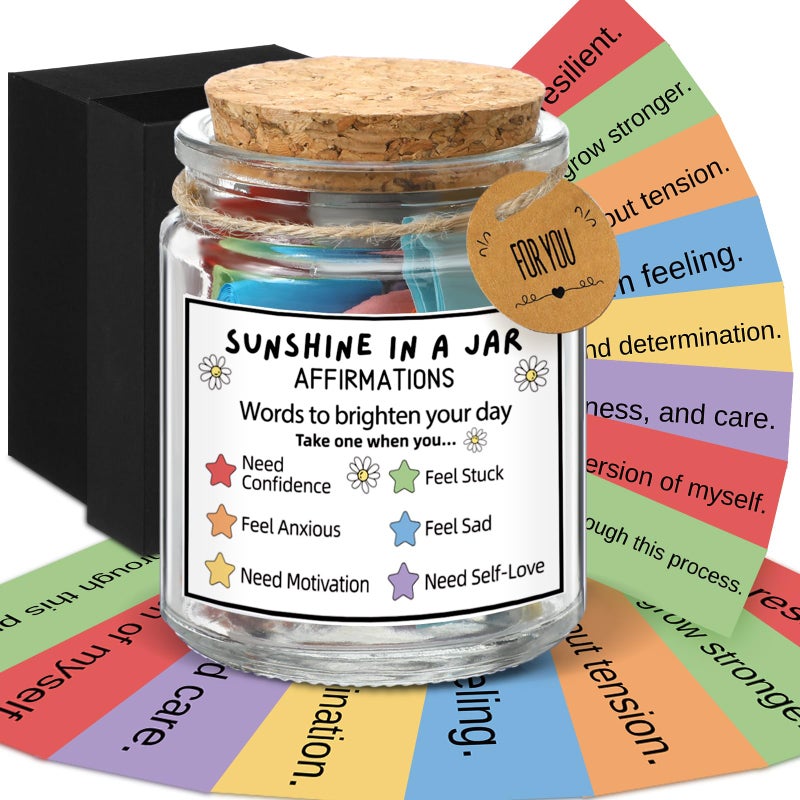 Lunmon Sunshine in Glass Jar Positive Affirmations Jar for Sending You Sunshine Daily Uplifting Affirmations for Self Care and Positive Vibes Easter Christian Gift for Friends Women Motivated Quotes - Image 1