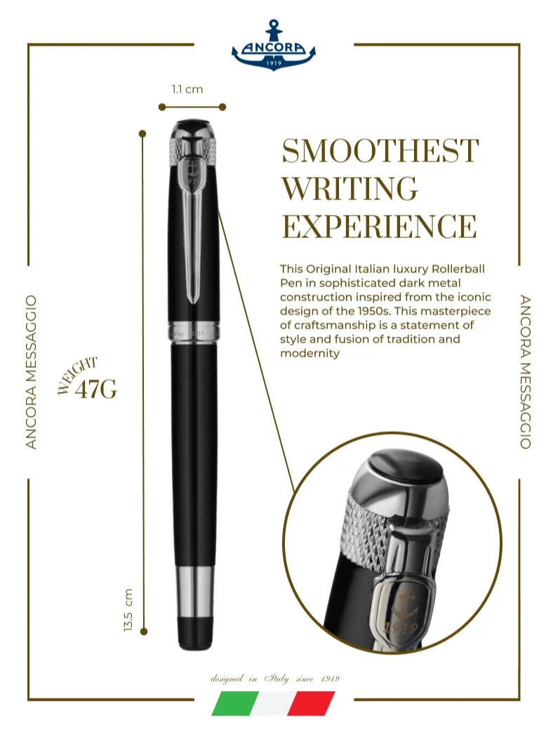 Ancora 1919 Messaggio Limited 888 Edition Refillable Rollerball Pen - Smooth Writing - Engraved Luxury Pen  with Case - Gift for Men & Women