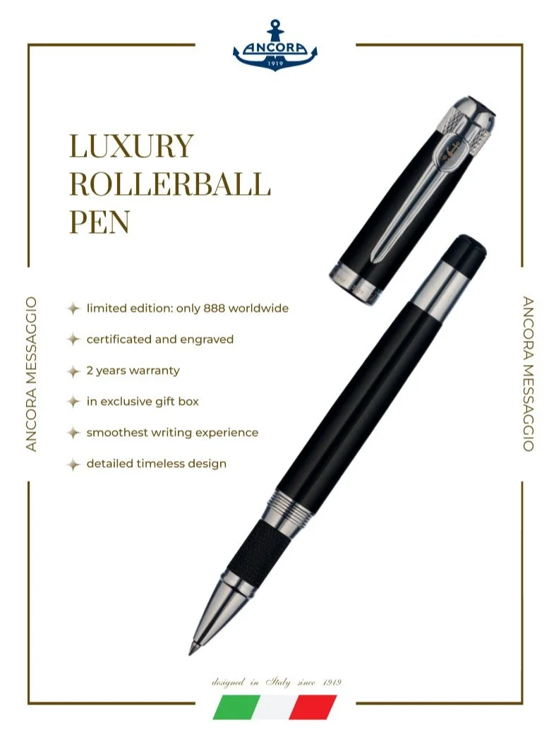 Ancora Ancora 1919 Messaggio 888 Limited Edition Rollerball Pen | Refillable Luxury Italian Pen | Blue Ink | Gift Box