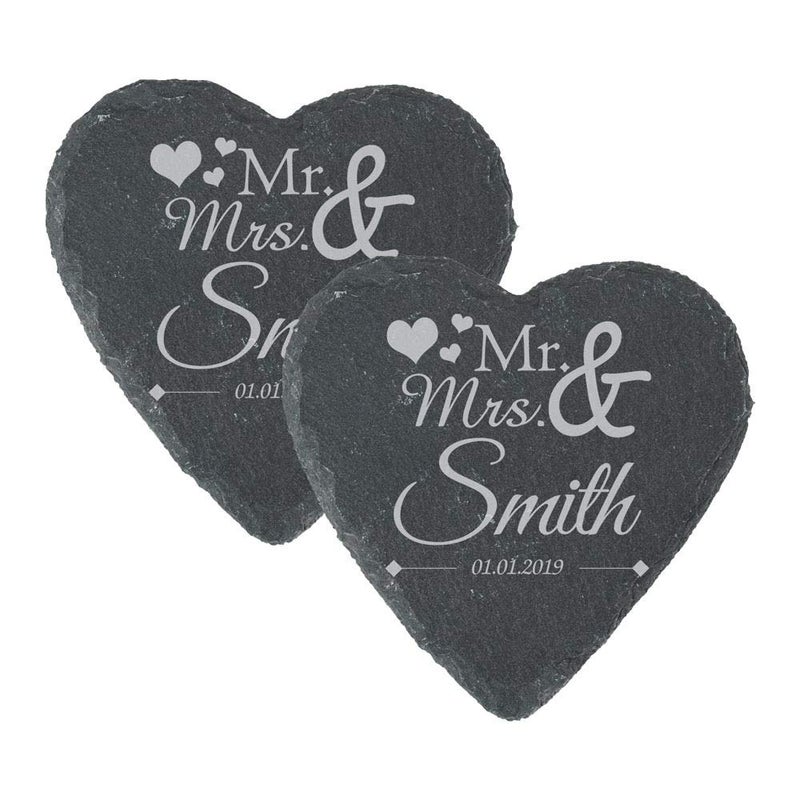 Personalised Engraved Heart Slate Wedding Coaster MrMrs with Hearts Set of 2