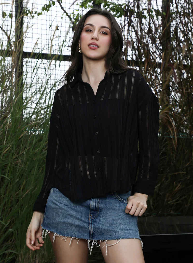 بينيا كولادا قميص نسائي فضفاض منسوج بياقة عريضة وأكمام طويلة بأزرار، أسود داكن