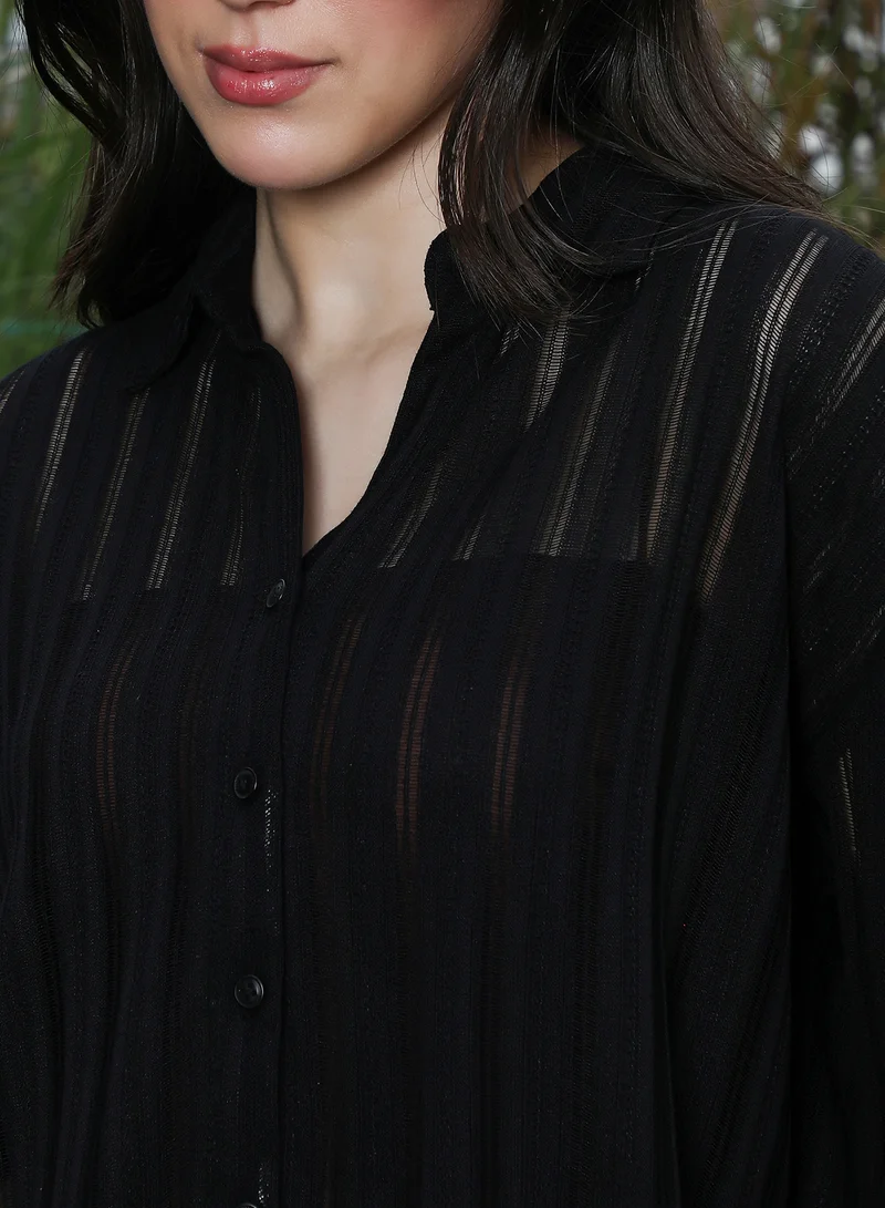 PINACOLADA  Women's Onyx Black Loose-Woven Panel Oversized Shirt | نساء | أكمام طويلة | سادة | طوق منتشر | كاجوال كبير الحجم | قميص for Women | Best Price UAE
