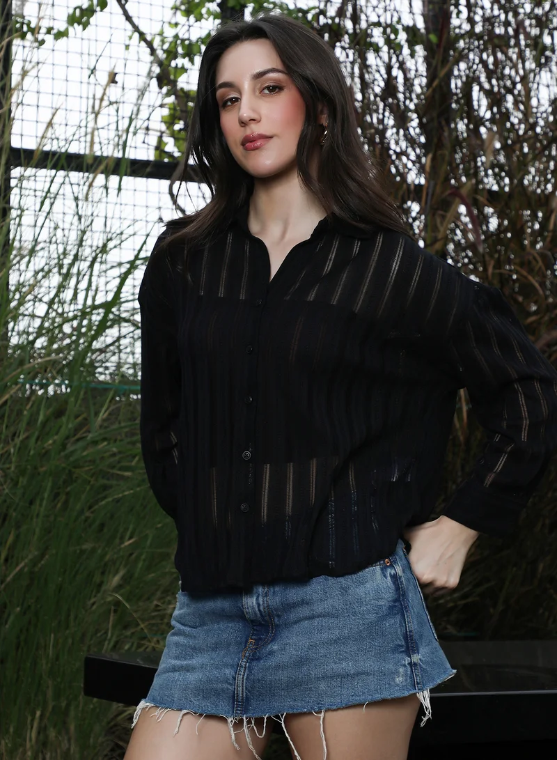 PINACOLADA  Women's Onyx Black Loose-Woven Panel Oversized Shirt | نساء | أكمام طويلة | سادة | طوق منتشر | كاجوال كبير الحجم | قميص for Women | Best Price UAE