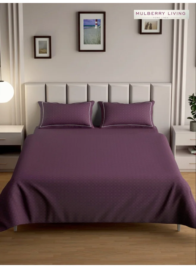 MULBERRY LIVING 100% Cotton - 300Tc Urban Grid Queen Size (160X200 Cms) Fitted Bedsheet With 2 Pillow Covers (50X75 Cm) - Plum
