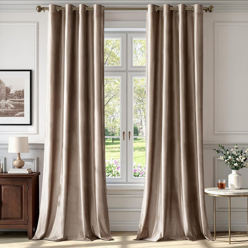 BULBUL Taupe Velvet Curtains 96 inches Length:Luxury Elegant Living Room Curtain-Blackout Modern Thermal Insulated Soundproof Privacy Room Darkening Floor to Ceiling Drapes for Bedroom Set of 2 - Image 1