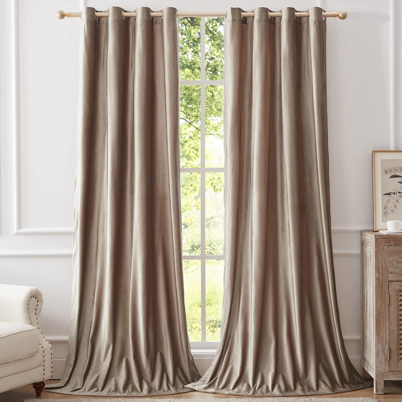 BULBUL Taupe Velvet Curtains 96 inches Length:Luxury Elegant Living Room Curtain-Blackout Modern Thermal Insulated Soundproof Privacy Room Darkening Floor to Ceiling Drapes for Bedroom Set of 2 - Image 5