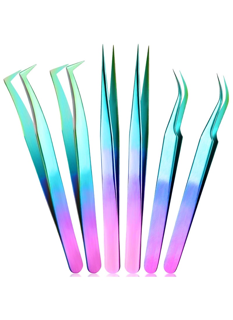 Mudder 6Pack Eyelash Extension Tweezers Stainless Steel Straight Curved Tip Tweezers Single Eyelash False Eyelash Application ToolsRainbow 