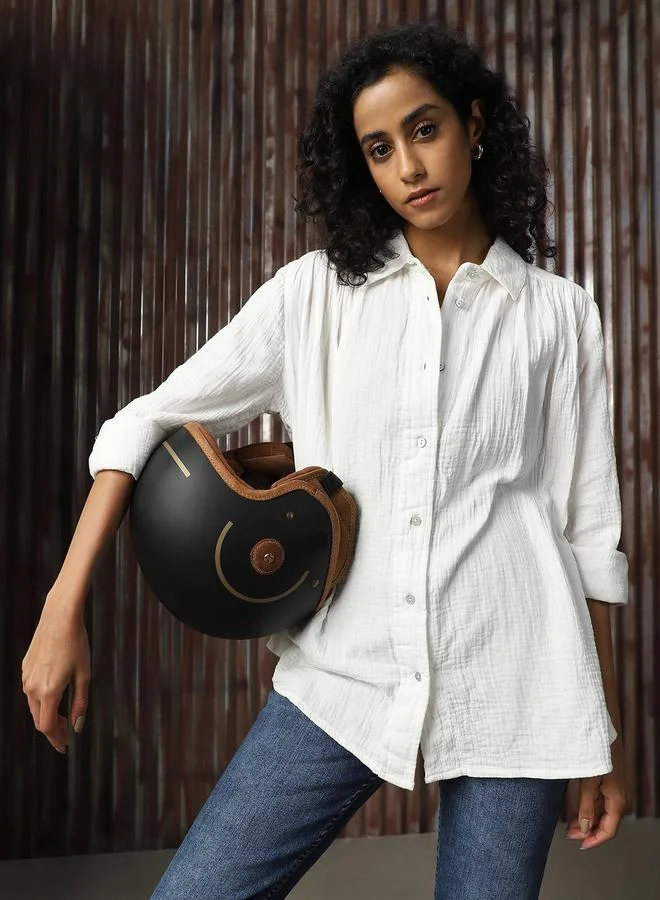 Women Oversized Solid Cotton with Geathers At Shoulder Casual Shirt