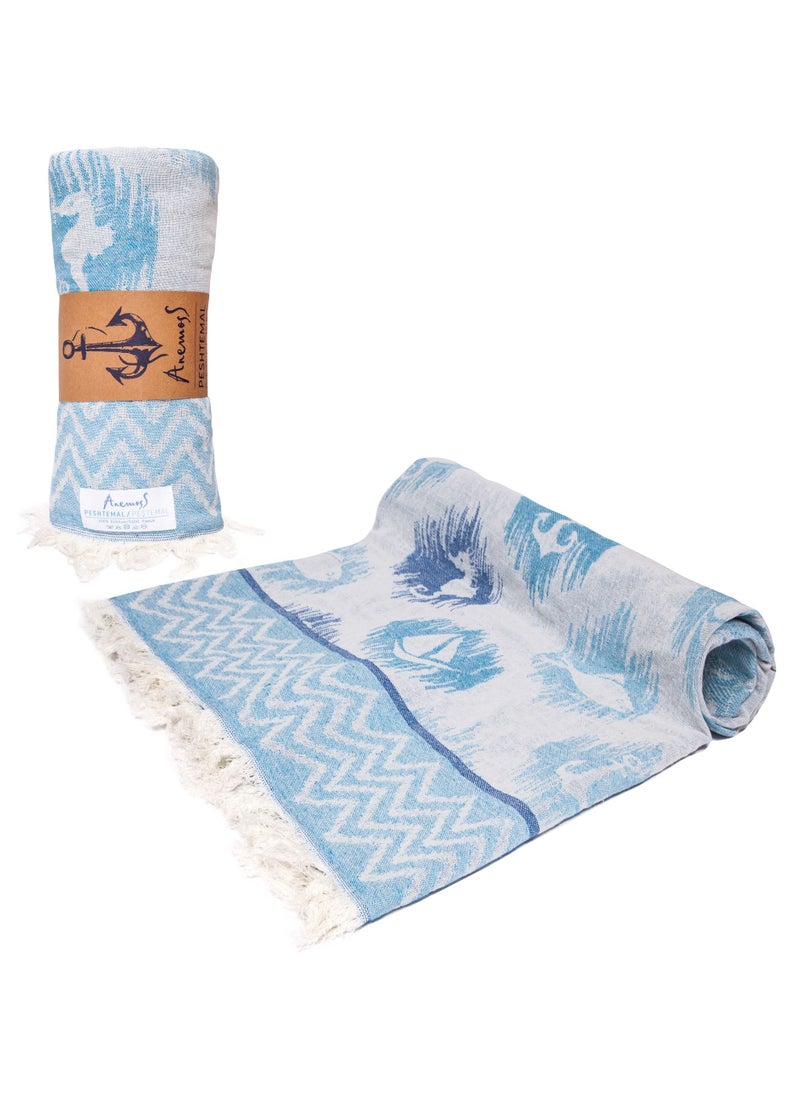 Anemoss - ANEMOSS Anchor Patterned Turkish Peshtemal, 100% Cotton, Free of Microfiber, Synthetic and Polyester, Soft, Quick Dry, Versatile Beach, Pool and Bath Peshtemal, for Kids and Adults, 39x70 in, 100x180 cm - Image 1