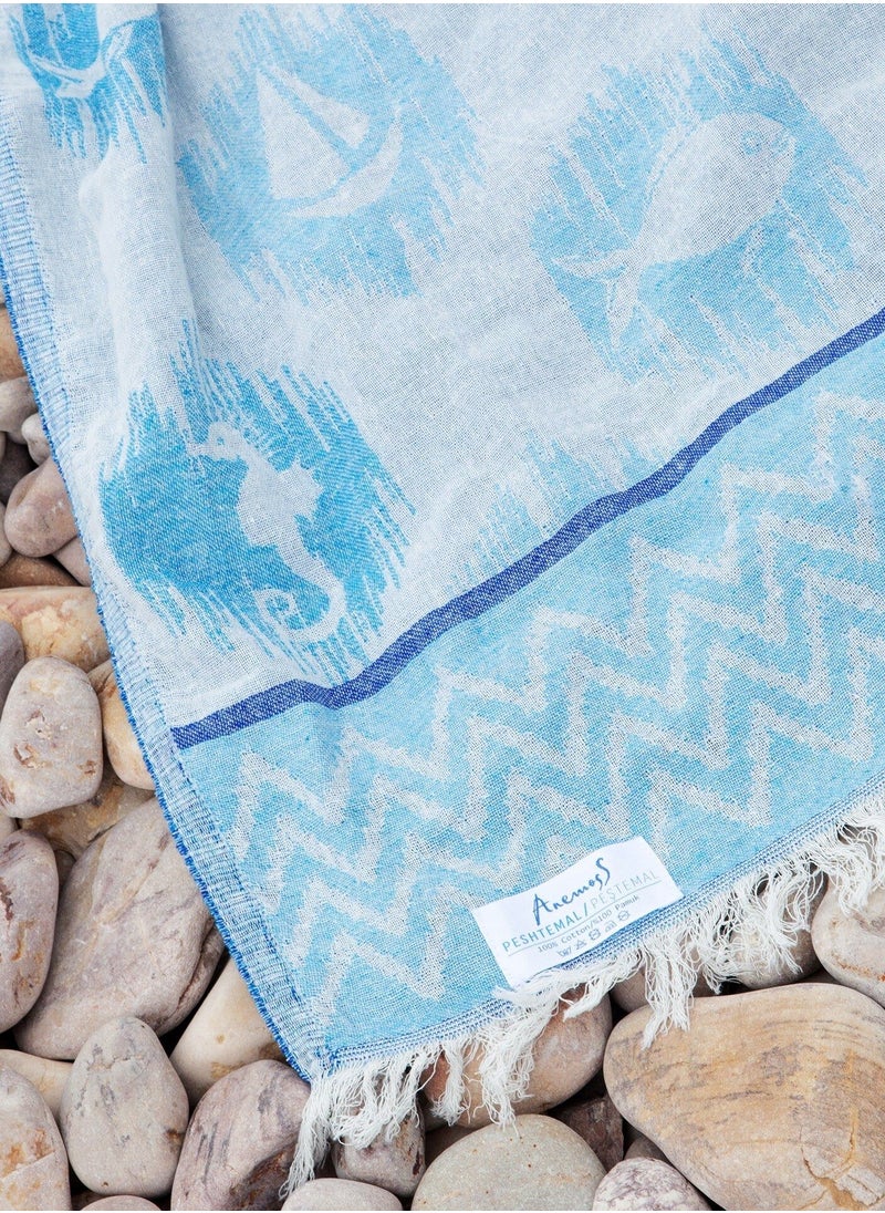 Anemoss - ANEMOSS Anchor Patterned Turkish Peshtemal, 100% Cotton, Free of Microfiber, Synthetic and Polyester, Soft, Quick Dry, Versatile Beach, Pool and Bath Peshtemal, for Kids and Adults, 39x70 in, 100x180 cm - Image 1