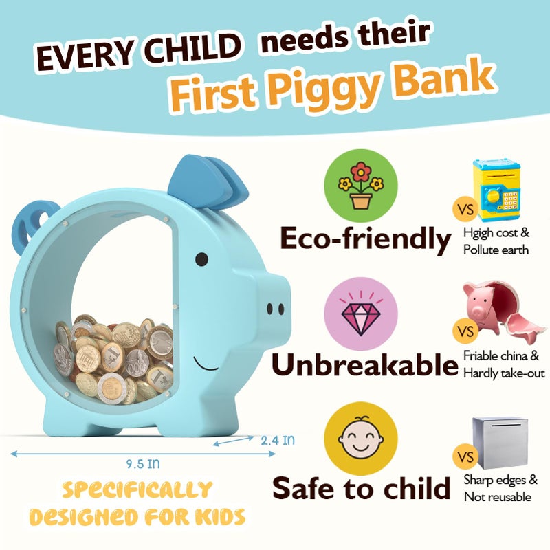 Summidate Wooden Piggy Bank for Boys Girls Kids Toddler Adults Large Unbreakable Bills Coin Change Money Saving Jar Children Personalized Gift Nursery Decor (Blue Piggy Bank, Stanard) - Image 3