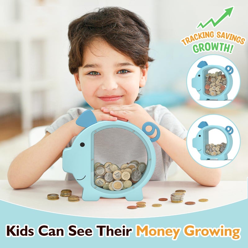 Summidate Wooden Piggy Bank for Boys Girls Kids Toddler Adults Large Unbreakable Bills Coin Change Money Saving Jar Children Personalized Gift Nursery Decor (Blue Piggy Bank, Stanard) - Image 2