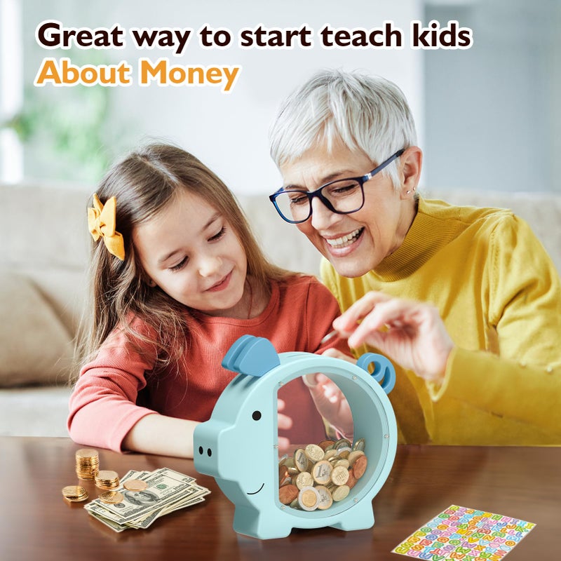 Summidate Wooden Piggy Bank for Boys Girls Kids Toddler Adults Large Unbreakable Bills Coin Change Money Saving Jar Children Personalized Gift Nursery Decor (Blue Piggy Bank, Stanard) - Image 5