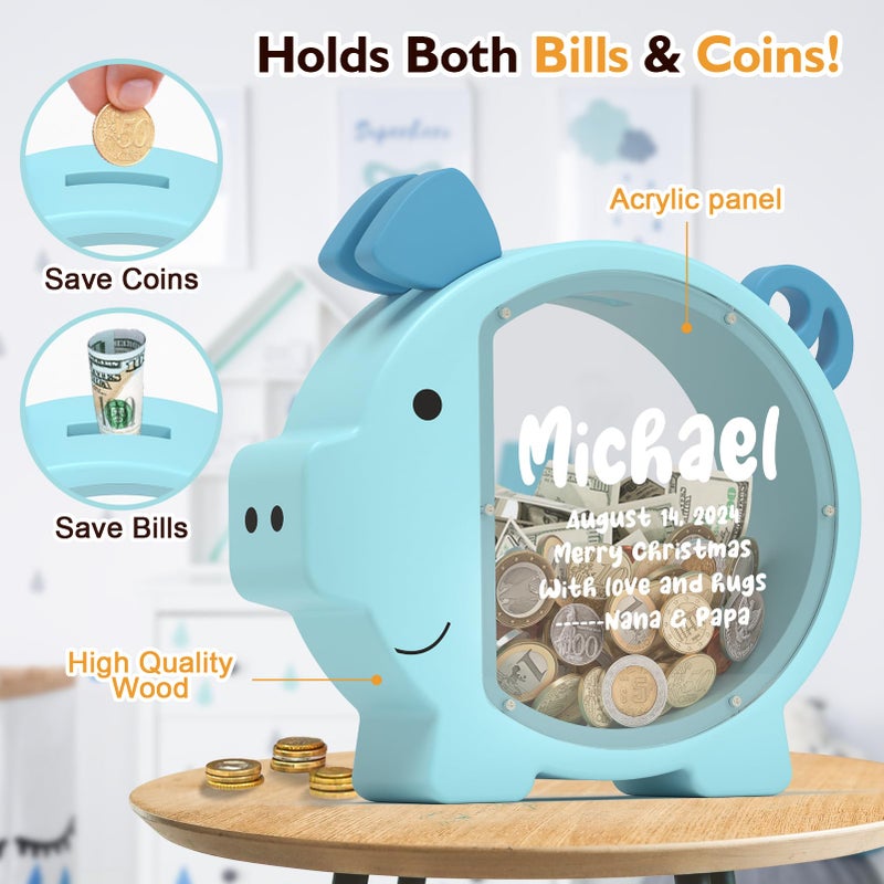 Summidate Wooden Piggy Bank for Boys Girls Kids Toddler Adults Large Unbreakable Bills Coin Change Money Saving Jar Children Personalized Gift Nursery Decor (Blue Piggy Bank, Stanard) - Image 4