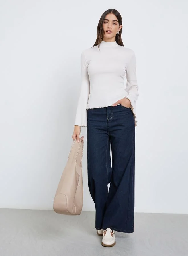 Styli Styli Off White Ribbed Knit Flared Sleeve Top